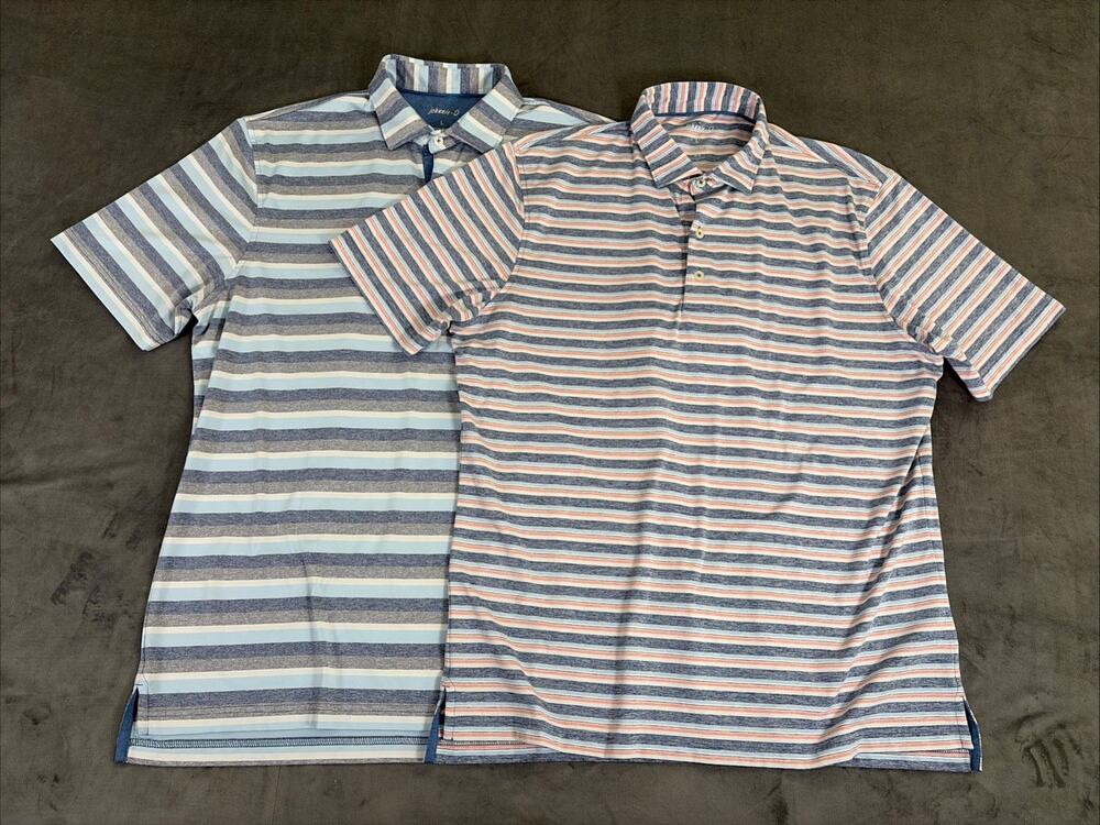 2) Johnnie-O Polo Shirts Hanging Out Blue Striped Men’s Size Large Bnfts Charity